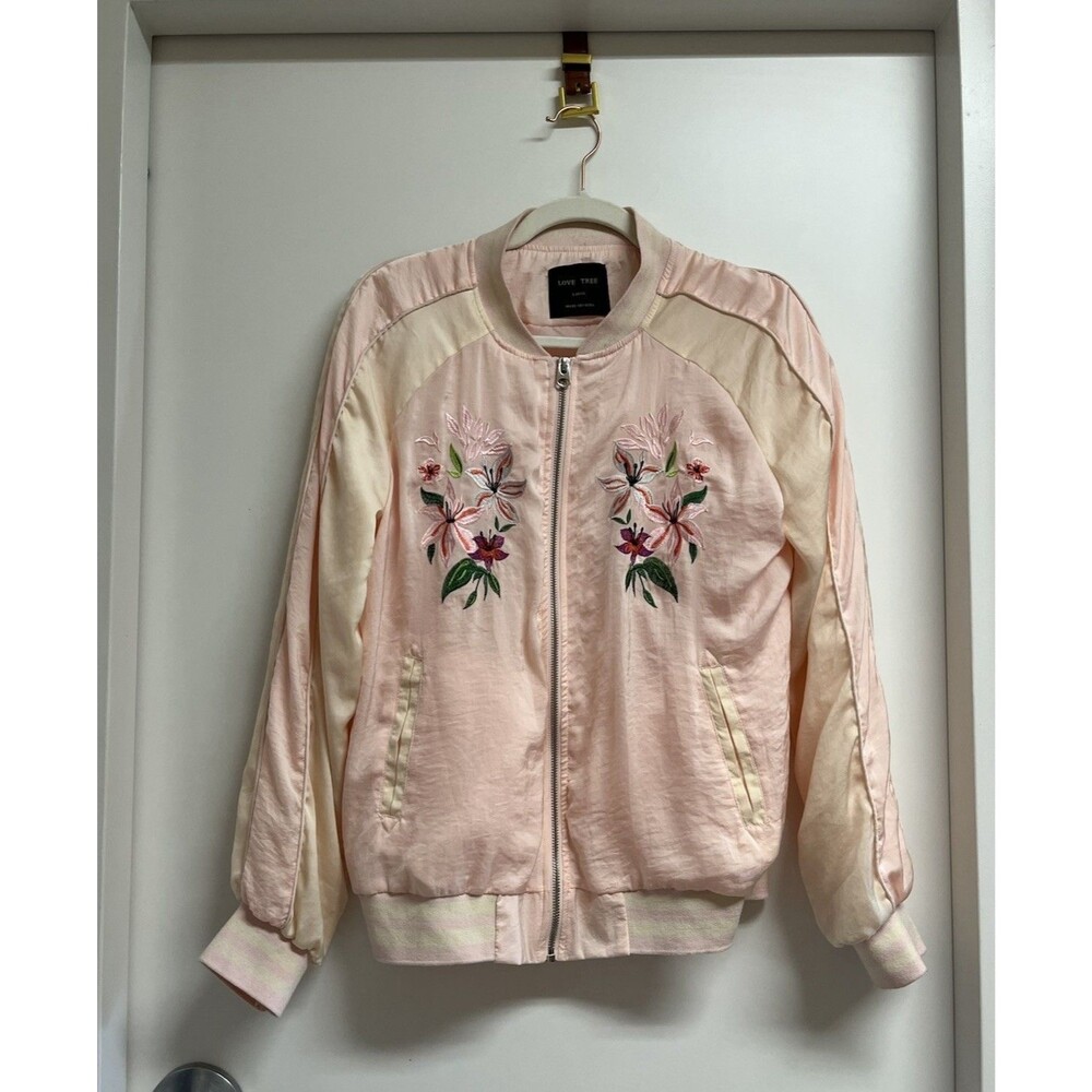 Love Tree Floral Embroidered Satin Bomber Dusty Pink Size Large